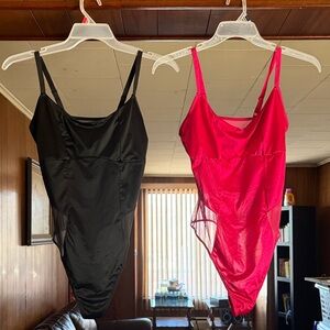 Bundle! Women’s Satin & Mesh Thong Bodysuit - Black and Hot Pink